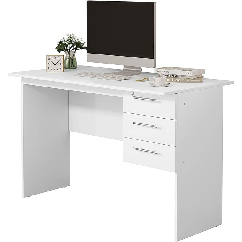 Woltu - Table de Bureau Bureau d'ordinateur, Table de Travail pc avec 3 tiroirs et verrou, 120x59x75cm, Blanc