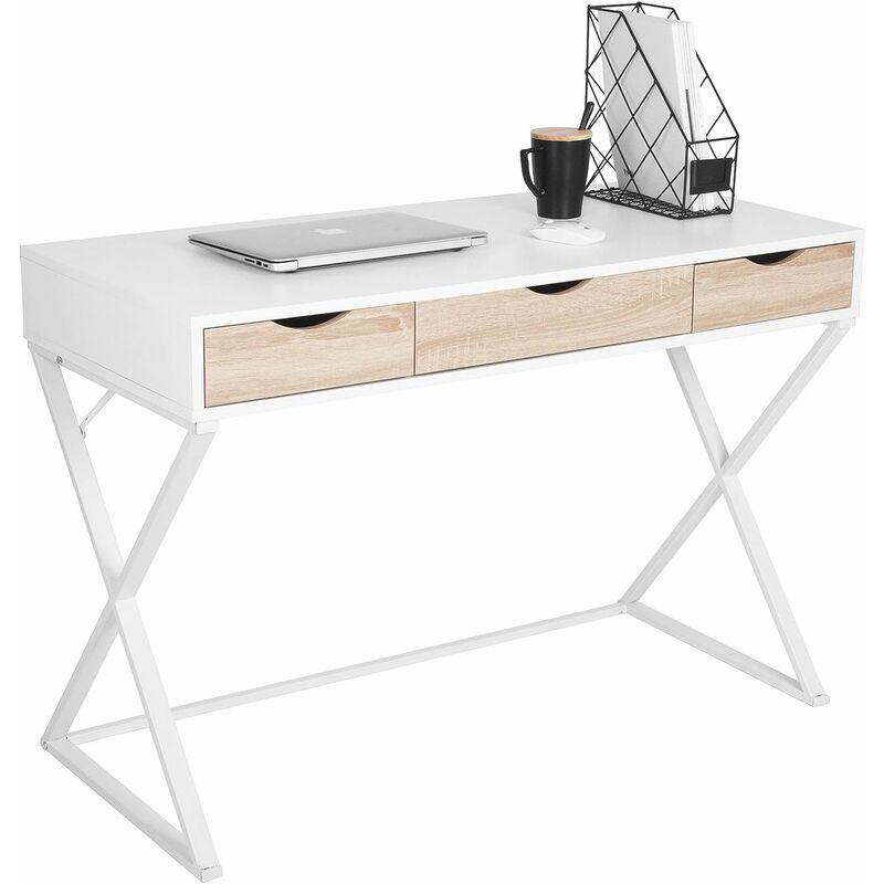 Table de bureau en bois et acier. Bureau d'ordinateur avec 3 tiroirs. Table de travail. 110x50x75 cm. Blanc - Woltu