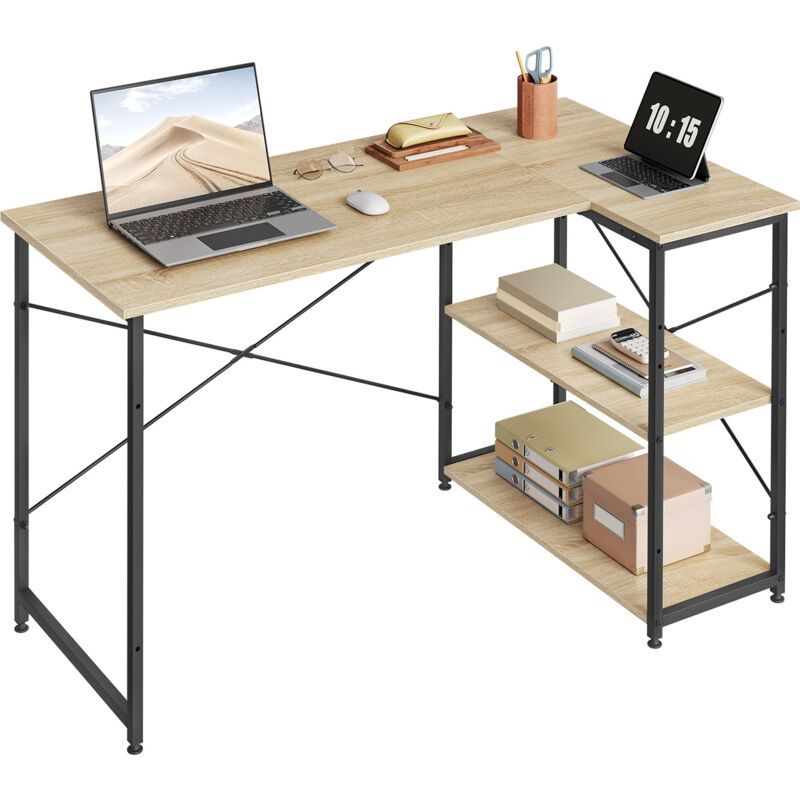 Woltu - Table de bureau 120x74x71,5cm en bois et acier, Bureau d'ordinateur, Bureau informatique avec étagère, Noir+chêne clair