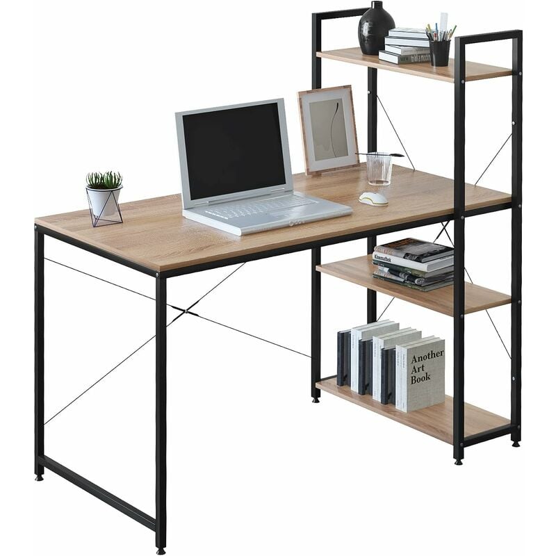 Woltu - Table de Bureau 120x64x120 cm, Bureau Bibliothèque, Bureau d'ordinateur, Noir+Chêne Clair