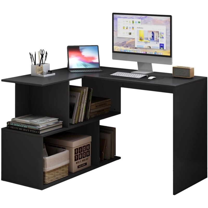 Woltu - Table de Bureau, Table de Travail pc, Table d'ordinateur avec étagères, 120x100x77cm, Noir