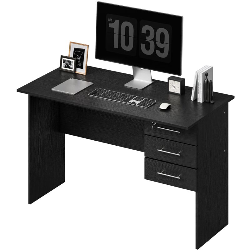 Woltu - Table de bureau Table d'ordinateur en bois, Table de travail avec 3 tiroirs et verrou, 120x59x75 cm, Noir