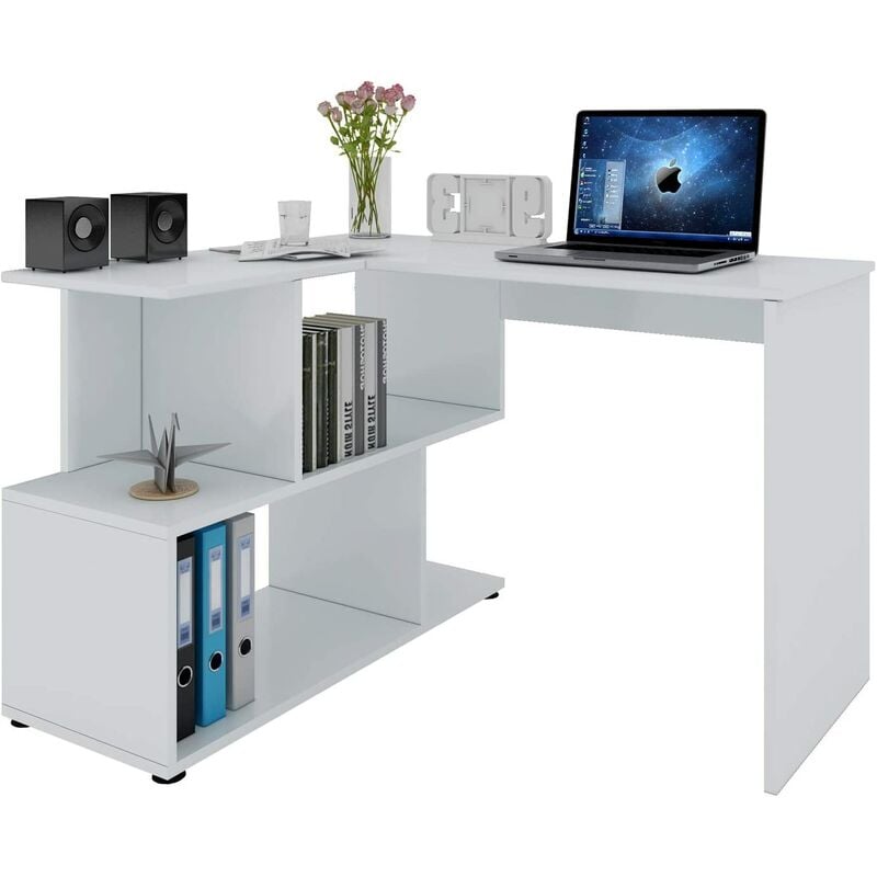Table de bureau en MDF.Bureau d'ordinateur avec étagères.Table de travail. 120x100x77 cm.Blanc - Woltu