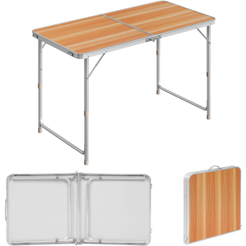 Table de camping pliante, Table de jardin pliable, Table de balcon en aluminium et mdf, Réglable en hauteur, 120x60x70 cm, Chêne clair - Woltu