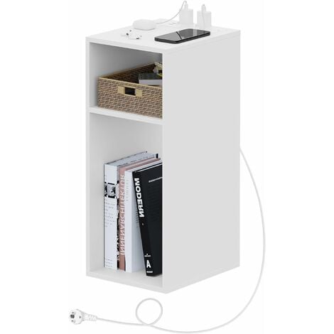 WOLTU Table de Chevet 25x30x60cm, Table d’appoint avec Station de Charge, Bout de Canapé avec Prise, 2 Compartiments Ouverts, 2 Ports USB+2 Prises, Table de Nuit Style Moderne, Blanc