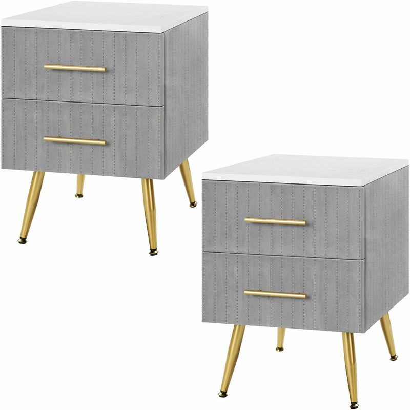 Lot de 2 Table de Chevet, Livré monté, Commode de Rangement avec 2 Tiroirs en Velours, 40x41x52, 50cm, Gris - Woltu