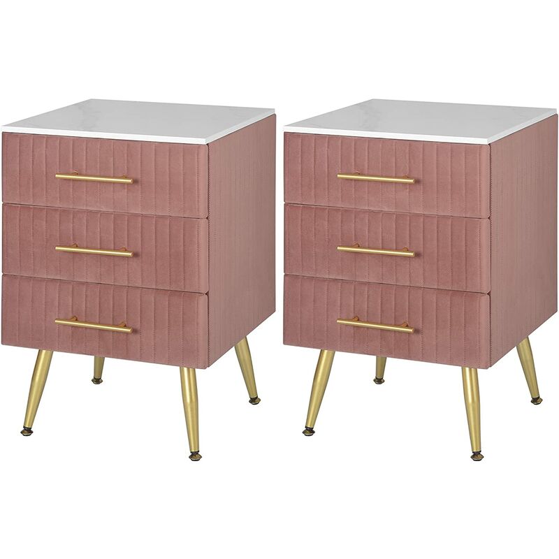 Lot de 2 Table de Chevet en Velours Woltu Table de Nuit avec 3 Tiroirs - 40,5x41x62cm - Rose