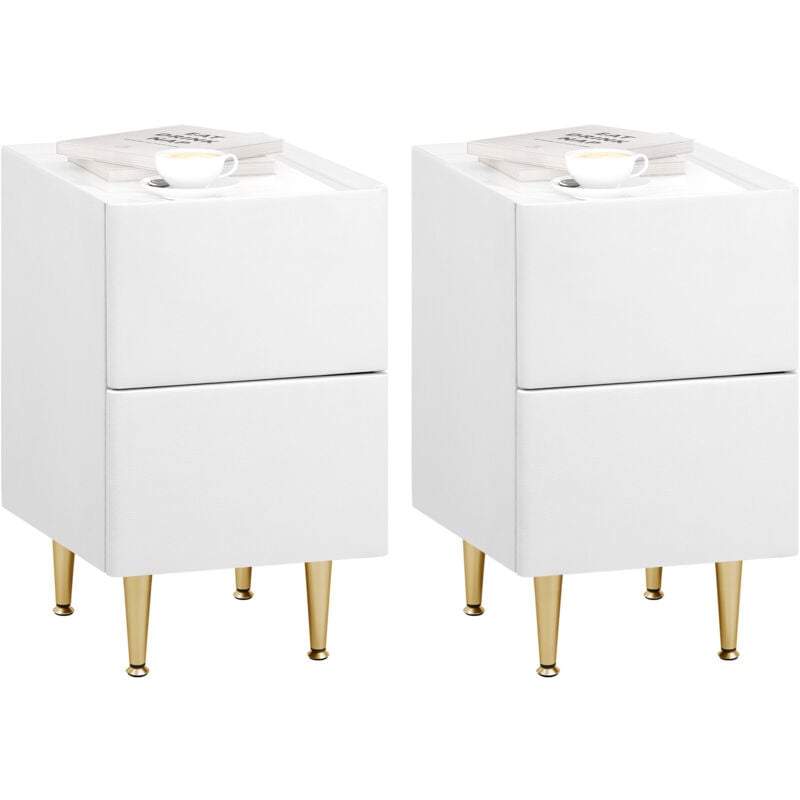 WOLTU Lot de 2 Table de Chevet, MDF+PVC+Métal, Table de Nuit, 40x30x51cm, Table d'Appoint Moderne pour Chambre Salon, Blanc+Doré