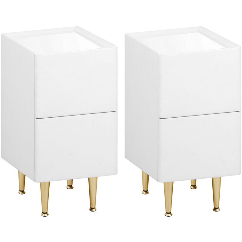 WOLTU Lot de 2 Table de Chevet, MDF+PVC+Métal, Table de Nuit, 40x25x51cm, Table d'Appoint Moderne pour Chambre Salon, Blanc+Doré