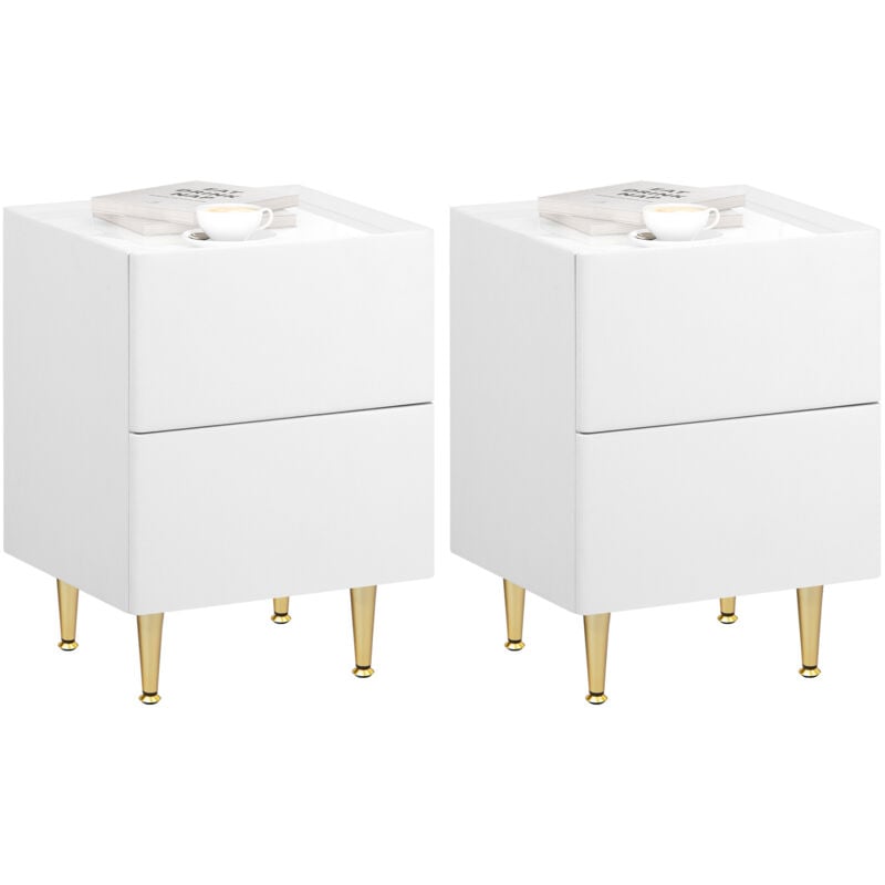 Woltu - Lot de 2 Table de Chevet, MDF+PVC+Métal, Table de Nuit, 40x35x51cm, Table d'Appoint Moderne pour Chambre Salon, Blanc+Doré