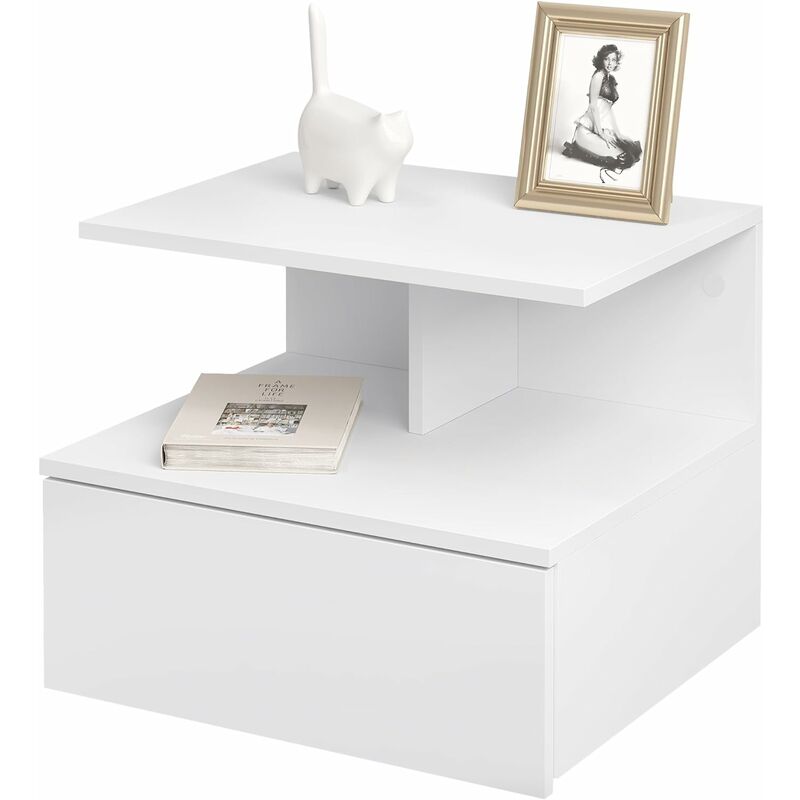 Woltu - Table de Chevet Suspendue, Table de Nuit Étagère Murale avec Tiroir, Table Suspendue en Bois, 40x35x31cm, Blanc