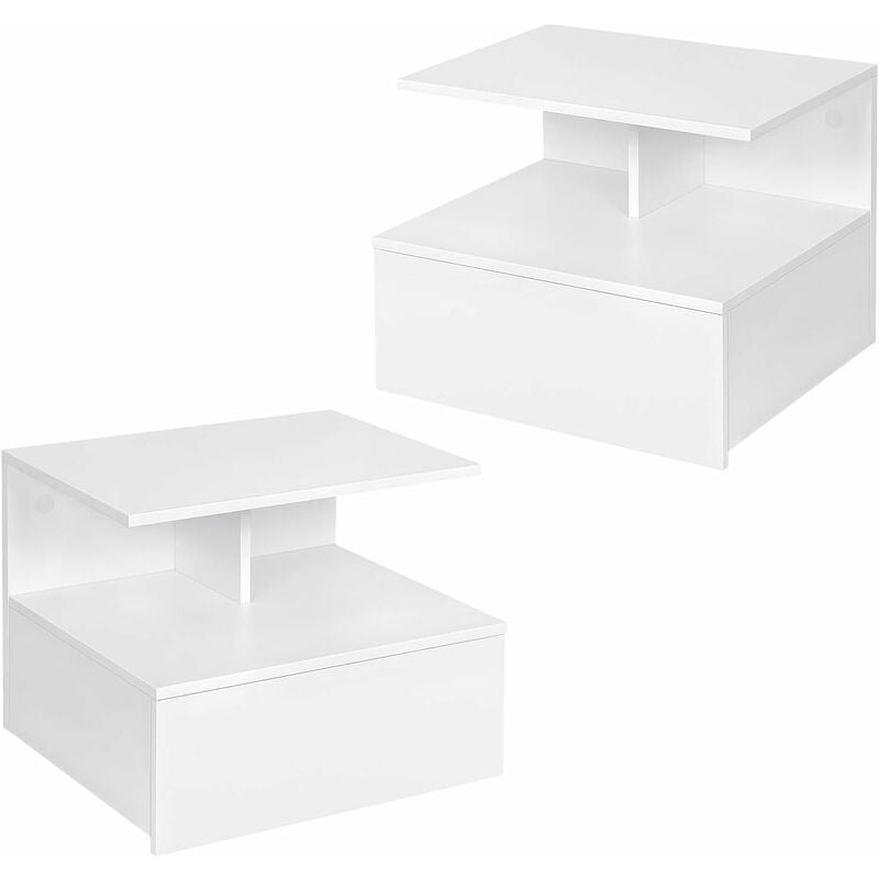 Lot de 2 Table de Chevet Suspendue, Table de Nuit Étagère Murale avec Tiroir, Table en Bois, 40x35x31cm, Blanc - Woltu