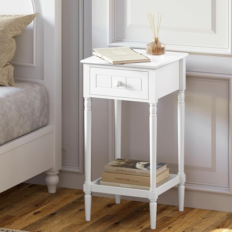 Table de Chevet, Table d'Appoint avec Tiroir et Étagère, 35x35x70, 5cm, Table Basse, Blanc - Woltu