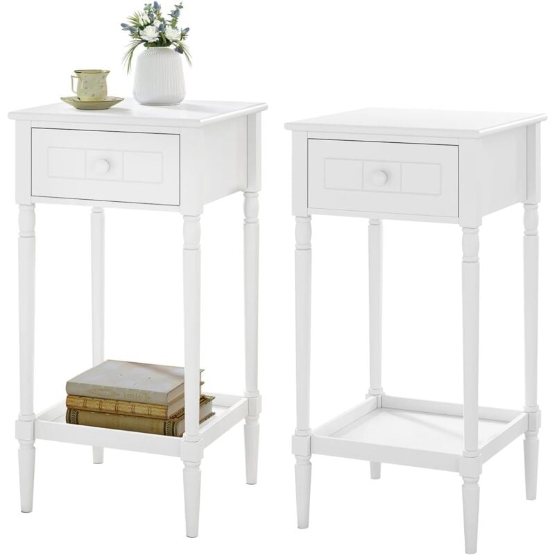 Lot de 2 Table de Chevet, Table d'Appoint avec Tiroir et Étagère, 35x35x70, 5cm, Table Basse, Blanc - Woltu
