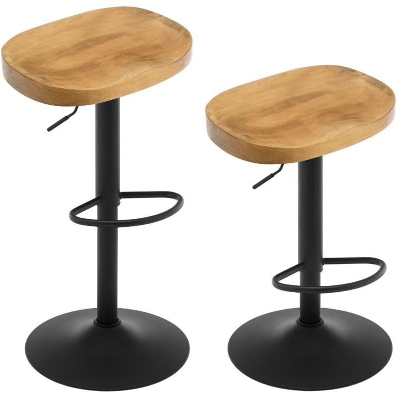 Woltu - Lot de 2 Tabouret de Bar, Chaise de Bar, Tabouret Haut en Bois, Cadre en Métal, Réglable en Hauteur, Pivotant à 360°, Chêne foncé