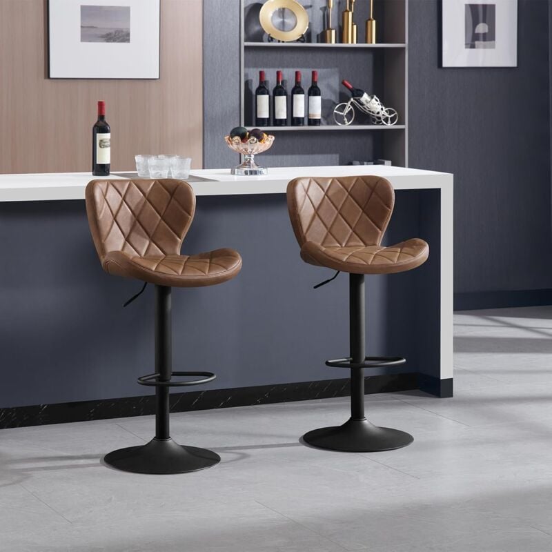 Lot de 2 Tabouret de Bar, Tabouret de Cuisine à Hauteur Réglable, Chaise de Bar Pivotante en Similicuir avec Repose-Pieds et Dossier, Marron - Woltu