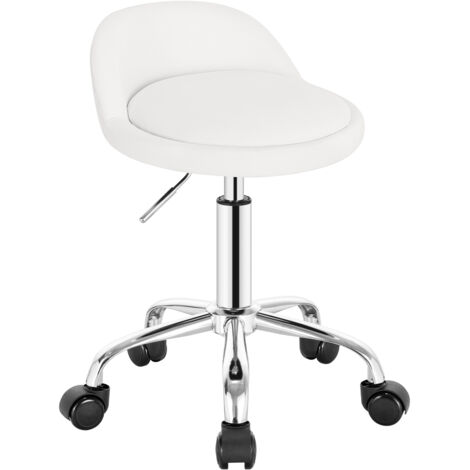 Woltu – Tabouret de bureau rond avec dossier – Hauteur réglable 53-65.5 cm – Similicuir blanc – Roulettes silencieuses 360° – Capacité 120 kg