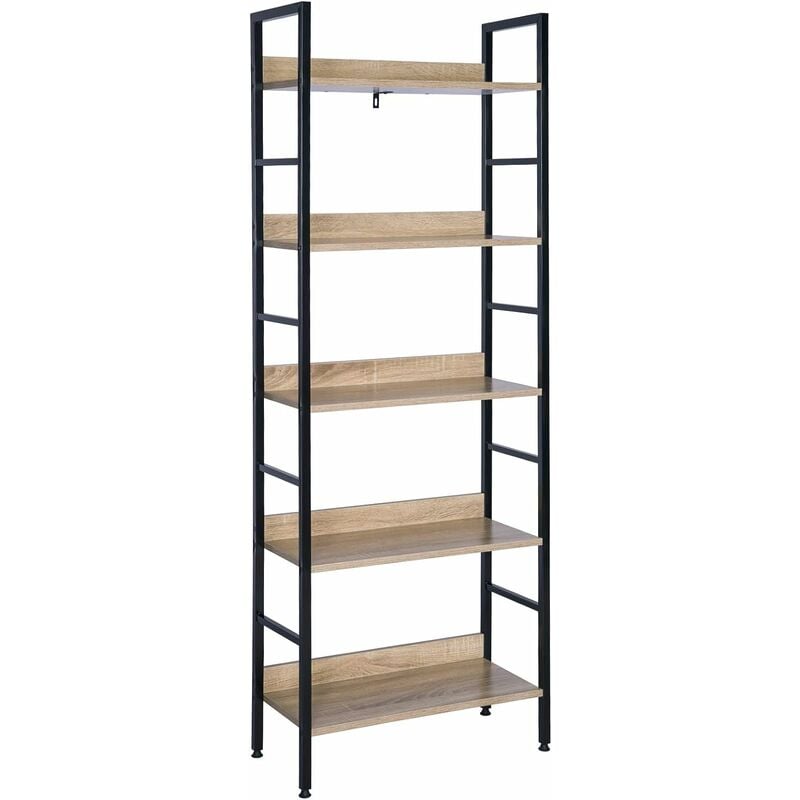 Tagère de rangement en bois et cadre en acier, 5 tablettes, 60x27, 5x160cm, Noir+chêne clair - Woltu