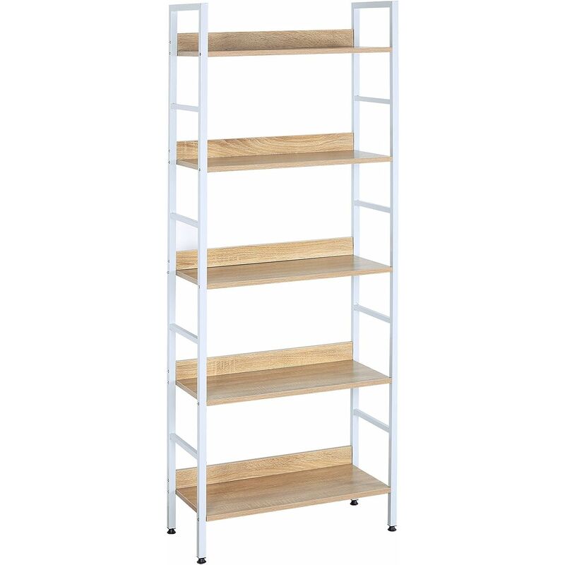 Woltu - tagère de rangement en acier et en bois avec 5 tablettes 60x27, 5x160cm environ, moderne, Blanc+chêne clair-14