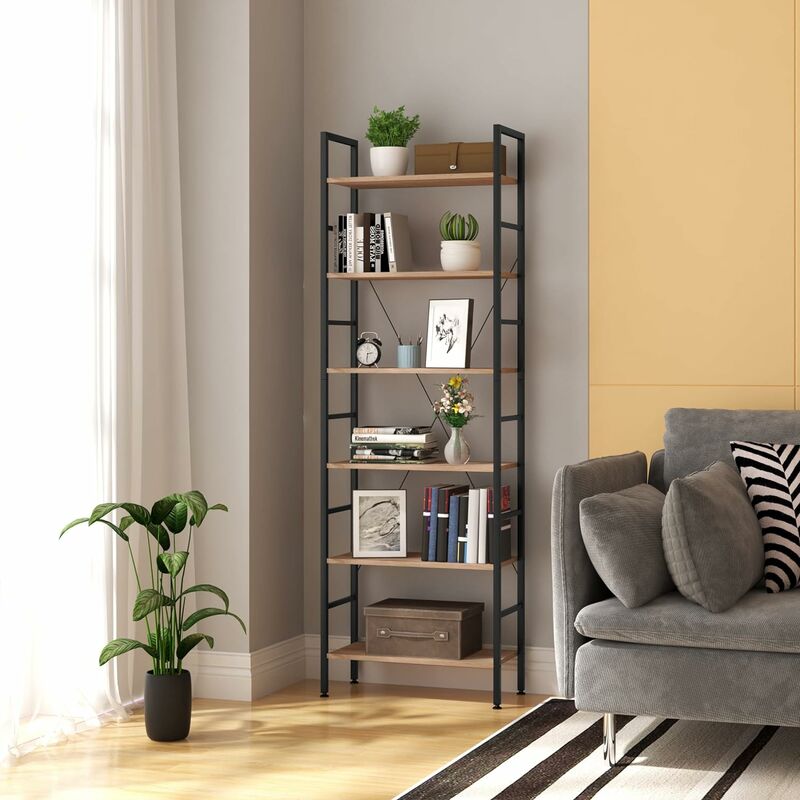 Tagère de Rangement en bois et métal, Étagère de cuisine, Étagère de métallique, 60x28x180cm environ, Noir+chêne clair - Woltu