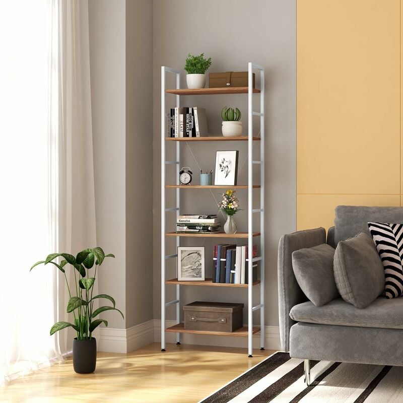 Woltu - tagère de Rangement en bois et métal, Étagère de cuisine, Étagère de métallique, 60x28x180cm environ, Blanc+chêne clair