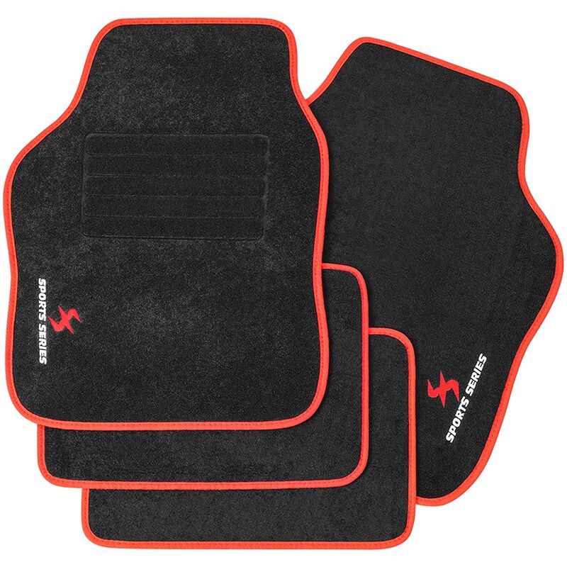 Tapis de Voiture Universel. Broderie Sports Protecteurs. 4 pièces. Avant et Arrière. Antidérapant. Noir Rouge - Woltu