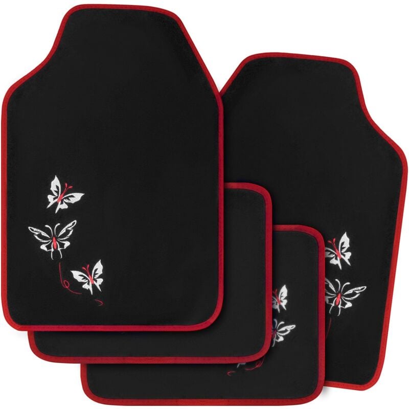 Tapis de Sol Set, Voiture Tapis uni, Broderie Papillon, Protecteur, 4 pièces, Rouge et Noir - Woltu