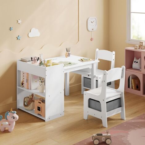 WOLTU Tavolino Bambini con 2 Sedia, Set Tavolo e Sedie per Bambini Multiattività con Ripiani a 3 Livelli, Tavolo Disegno e Gioco, Sedia Scrivania Cameretta Bianco