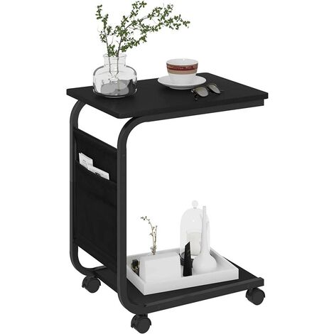WOLTU Tavolino da Caffè. Tavolino con 2 Ripiani e 1 Tasca Laterale. Tavolino da Soggiorno a Forma di C. su Rotelle. per Divano Letto. in Legno Truciolare e Metallo. 50x35x62cm. Nero