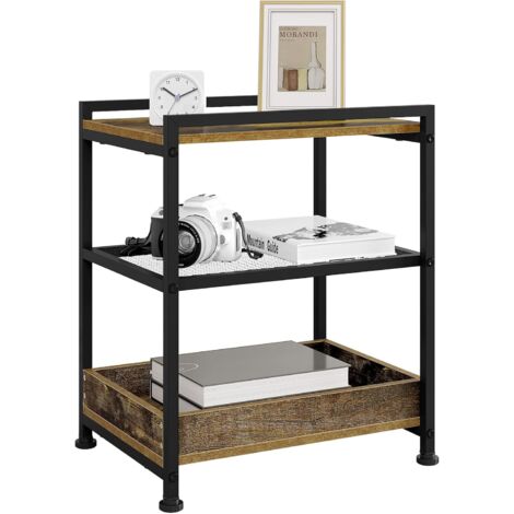 WOLTU Tavolino da Salotto a 3 Ripiani. Tavolino da Divano con Rotelle. Vassoio Rimovibile e Piedini. Mobiletto per Soggiorno. Camera da Letto. in Legno e Metallo. Legno Vintage e Telaio Nero
