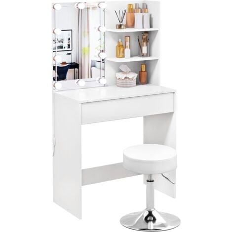 WOLTU Tavolo da Trucco con Sgabello con Luci a LED, Postazione Trucco con Specchiera, Set di Toeletta Trucchi per Camera da Letto, Bianco