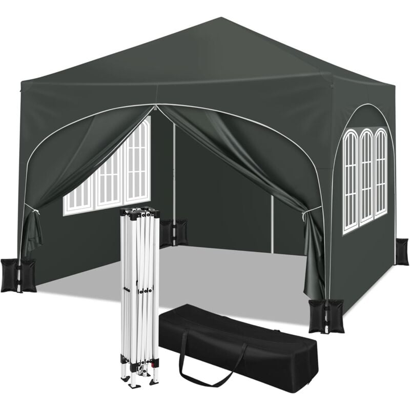 Woltu - Tente de Fête 3x3m avec 4 Sacs de Sable, Tonnelle de Jardin avec 4 Parois Latérales, Pavillon Pop-Up avec Toit en Demi-Cercle, Tente Pliante,