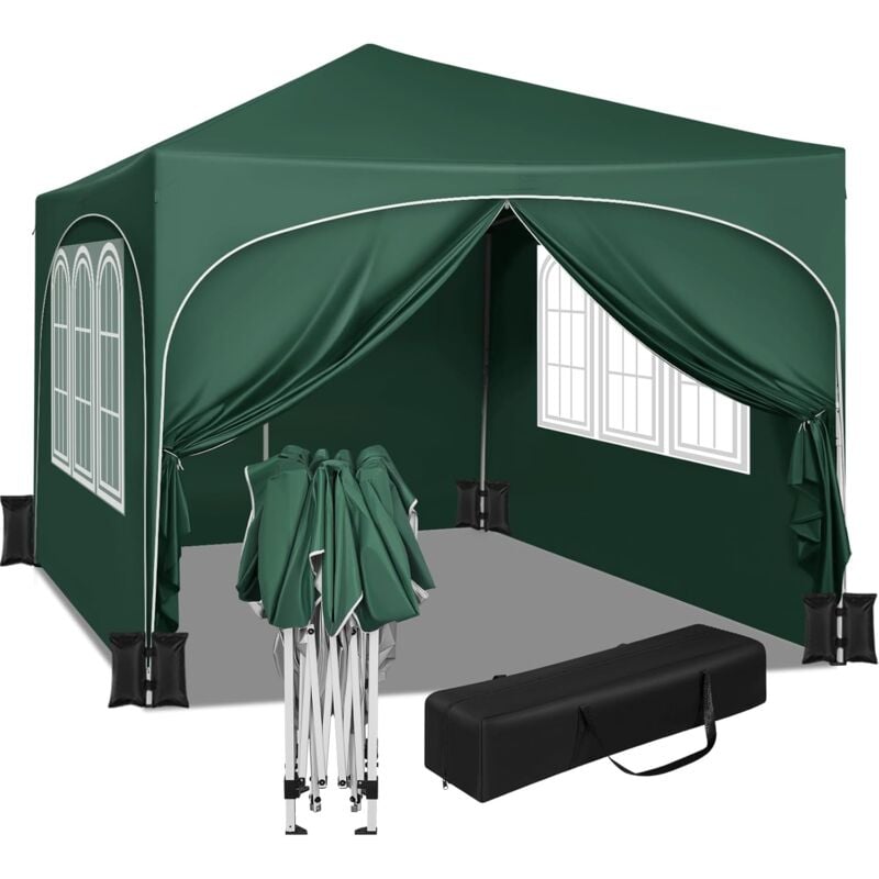 Woltu - Tente de Fête 3x3m avec 4 Sacs de Sable, Tonnelle de Jardin avec 4 Parois Latérales, Pavillon Pop-Up avec Toit en Demi-Cercle, Tente Pliante,