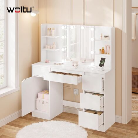 WOLTU - Tocador con espejo LED, luces LED regulables de 3 colores, tocador de maquillaje, blanco