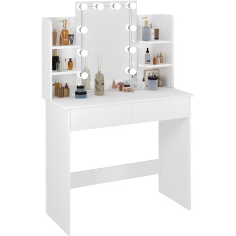 WOLTU Tocador de Maquillaje con Espejo y 10 Bombillas LED Luz Regulable Mesa de Tocador con 2 Cajones Grandes y 4 Estantes Estilo Moderno para Dormitorio 90x40x135cm Blanco