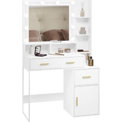 WOLTU Toeletta con Specchio. Tavolo da Trucco con 1 Scomparto. 2 Cassetto e 3 Ripiani Portaoggetti. Postazione Trucco Bianco