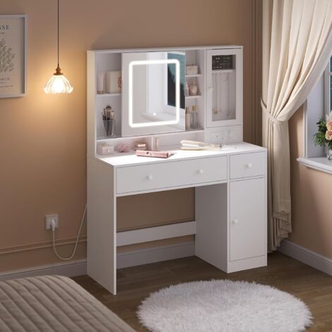 WOLTU Toeletta con Specchio, Tavolo da Trucco con Cassetti per Gioielli e Luce LED Regolabile, Prese, Bianco