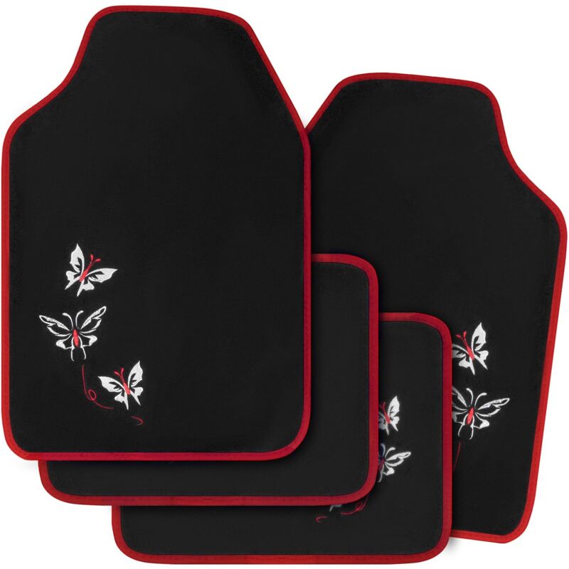 Universal Non-Slip Carpet Car Floor Mats Set of 4 Pieces Front & Rear. Black with Red Embroidery Butterfly - Woltu