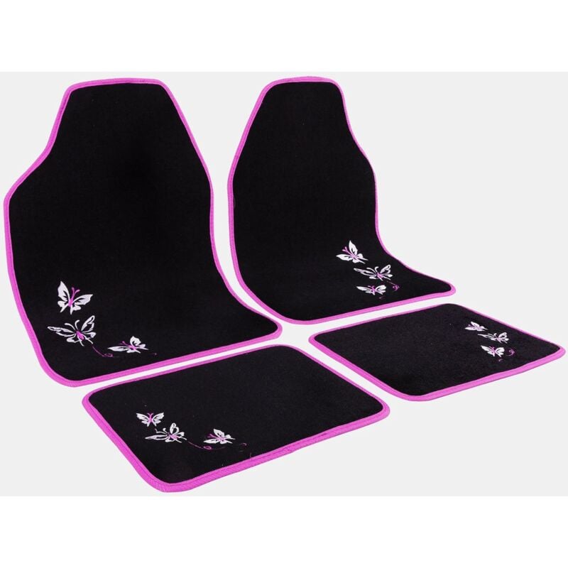 WOLTU Universal Non-Slip Carpet Car Floor Mat Set of 4 Piece Front & Rear. Black with Pink Embroidery Butterfly