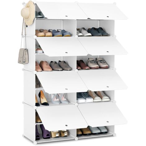 WOLTU Zapatero Blanco Plástico Organizador de Zapatos de Panel Modular Zapatero con 8 Compartimientos para 32 Zapatos con Puertas y Ganchos