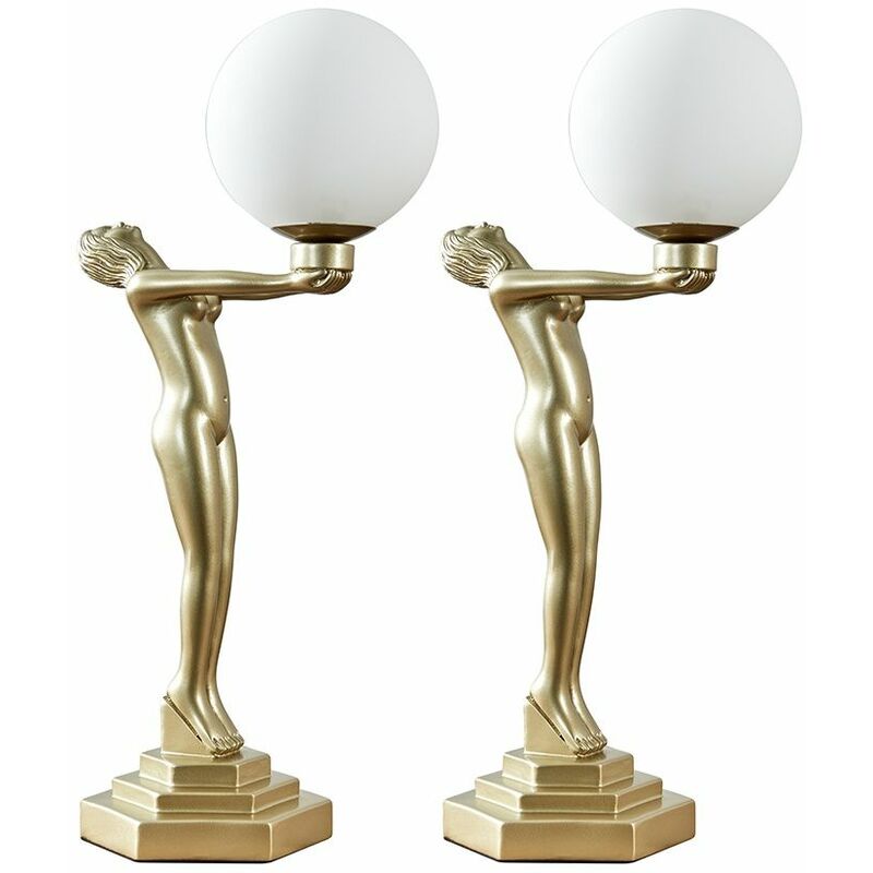 Pair of Woman Holding Globe Table Lamps Gold Painted Art Deco - Add led Bulbs