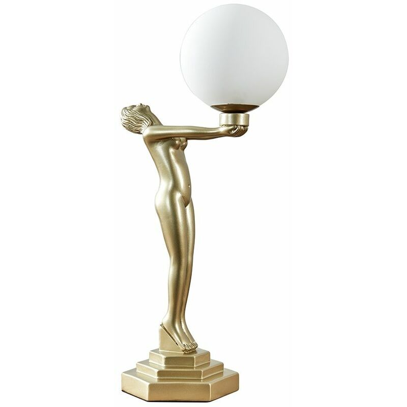 Woman Holding Globe Table Lamp Gold Painted Art Deco Style - No Bulb