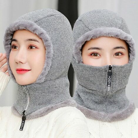 Women Winter Knitted Hat Add Fur Lined Warm Winter Hat With Zipper Riding Skiing Face Cover Head Collar Warm Face,CHINA,GRAY