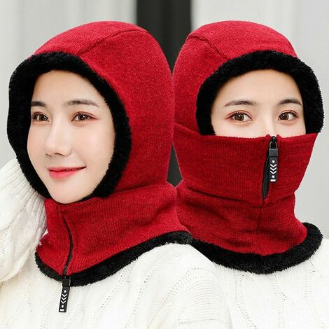 Women Winter Knitted Hat Add Fur Lined Warm Winter Hat With Zipper Riding Skiing Face Cover Head Collar Warm Face,CHINA,Rot