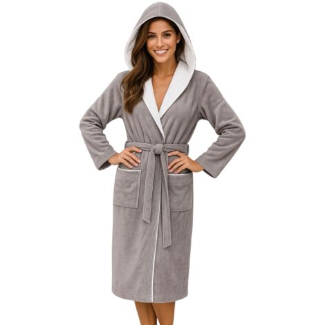 Women's hooded cotton waterproof bathrobe (with pockets and drawstring design)