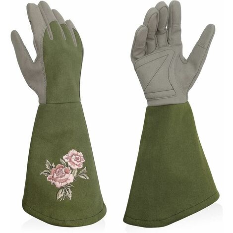 Women's Leather Gardening Gloves, Anti-Puncture with Long Sleeve, Elegant Ladies Garden Gloves with Exquisite Embroidery, Olive/Rose/Red/Blue/Green, Gardening Glove Size 6 7 8 9