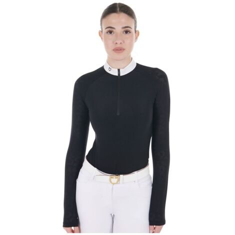Women's tulle stretch competition polo shirt ls zip: xs, Nero