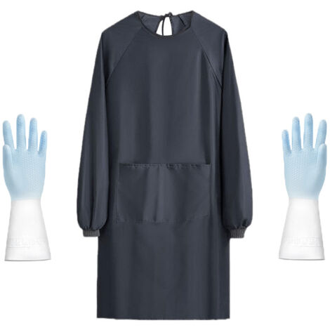 Women's Waterproof Household Apron Women's Work Blouse with Pockets Long Sleeve Apron for Home Garden Comes with a pair of gloves