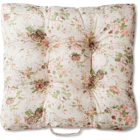 wometo Sitzkissen Stuhlkissen Sitzpolster Rosi 40x40x8 - Rosen creme weiß rosa Sitzauflage Auflage für Haus und Garten Polster Landhaus