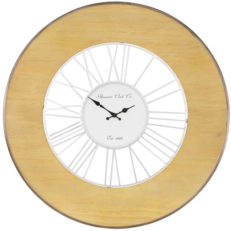 Womo-design - Grande Horloge Murale xxl Alfheim Ronde Ø85 cm Blanc-Nature, en Bois-Métal, Style Vintage, Décoration Rétro, Chiffres Romains,
